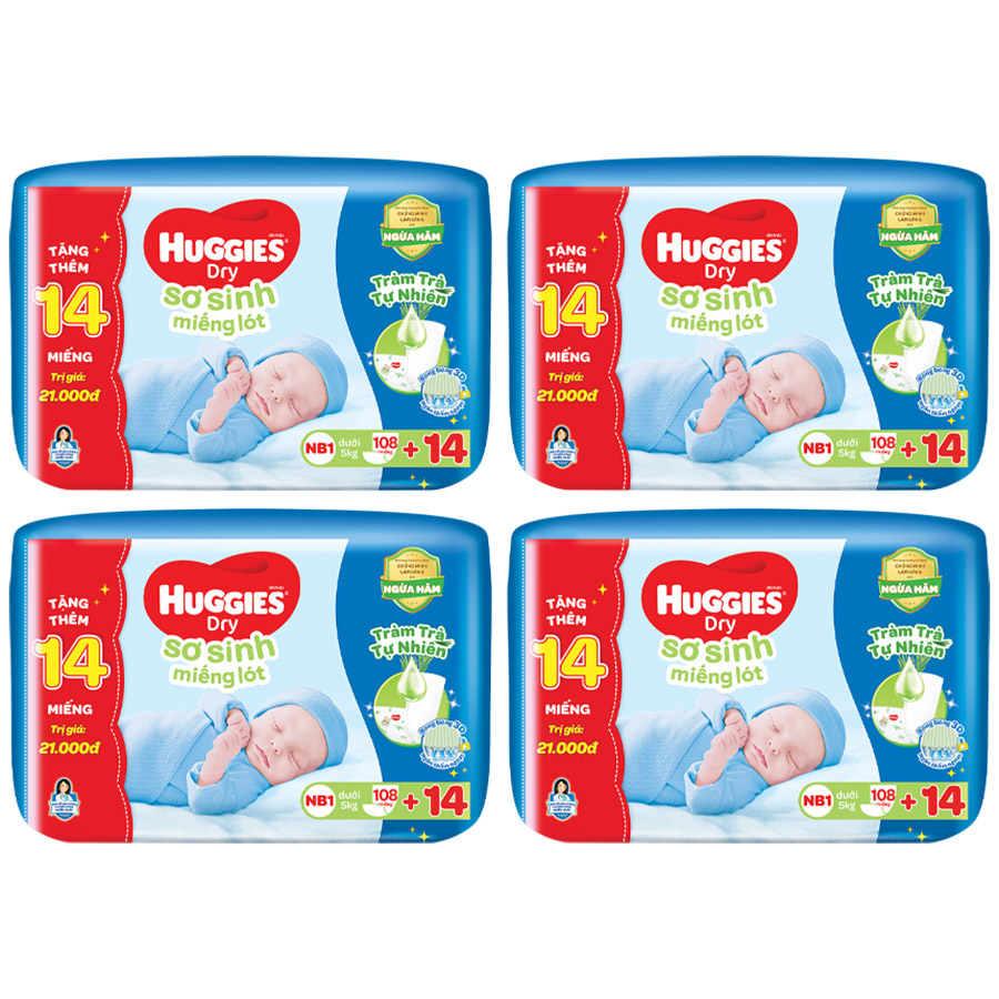 Combo 4 gói miếng lót sơ sinh NB1 HUGGIES DRY 108 miếng + 14 miếng