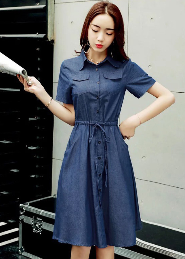 Đầm xoè denim eo rút dây