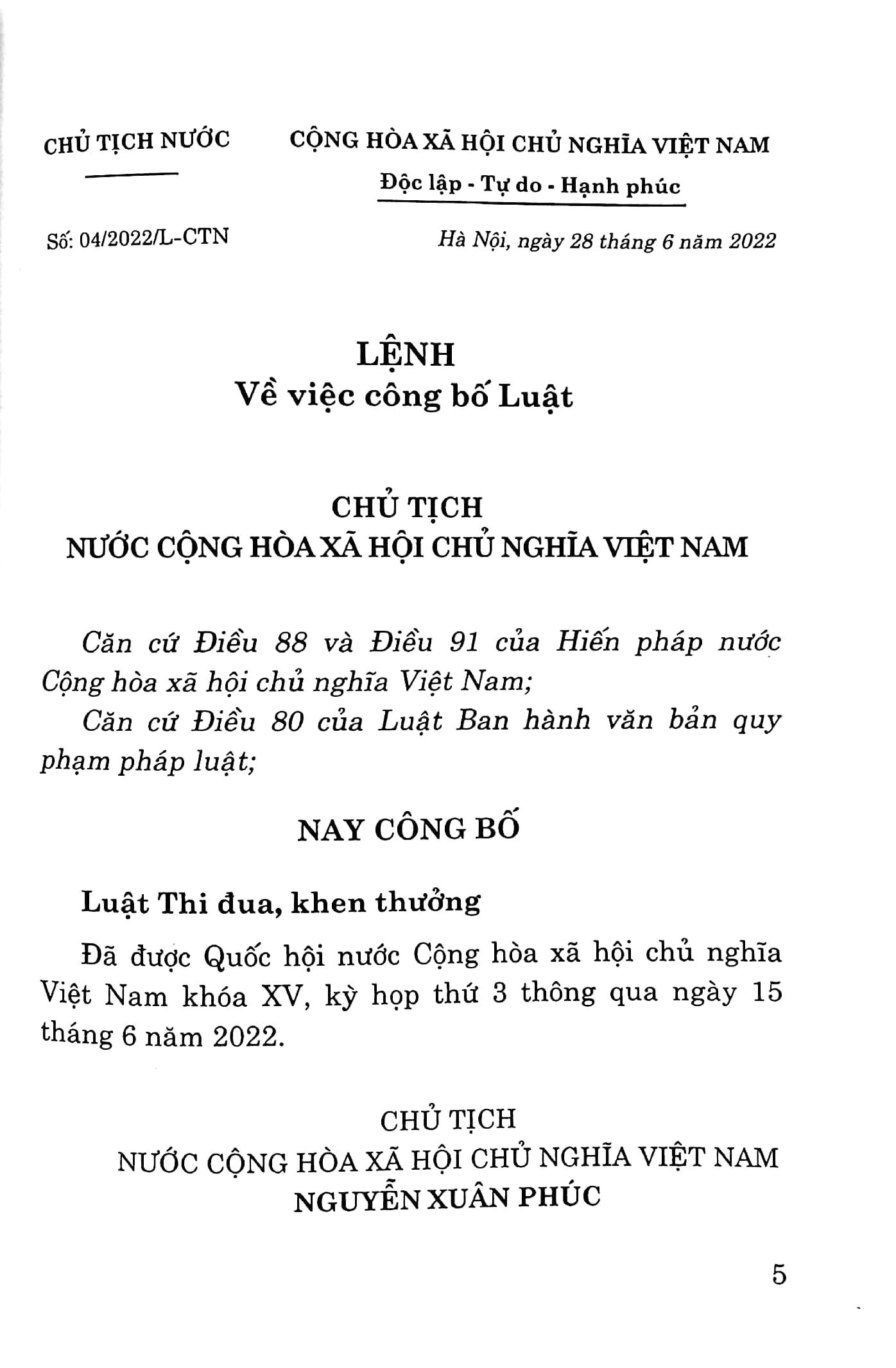 Luật Thi Đua, Khen Thưởng