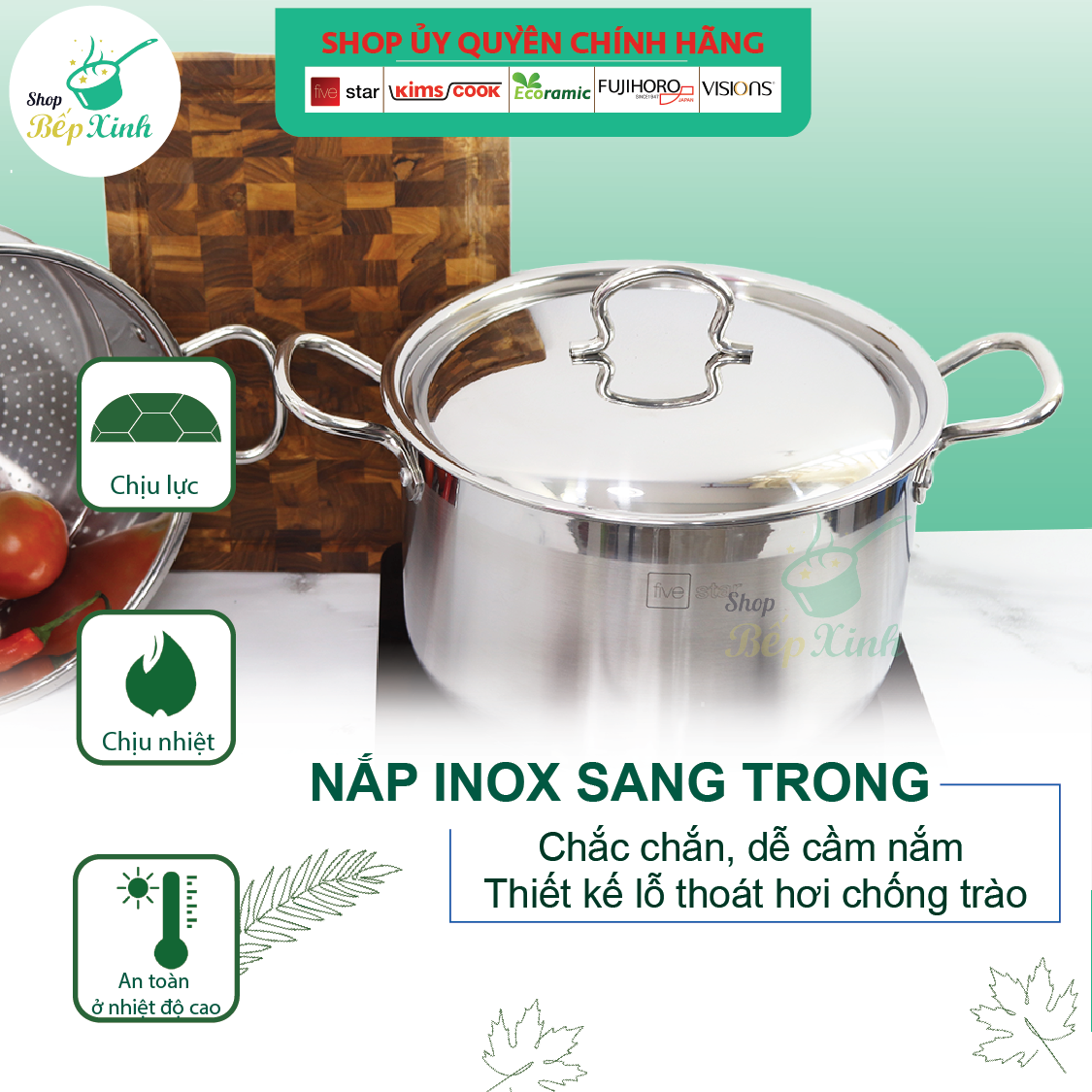 Bộ xửng hấp 3 đáy từ inox 430 Fivestar standard nắp inox 32cm ( tặng 2 muỗng canh )