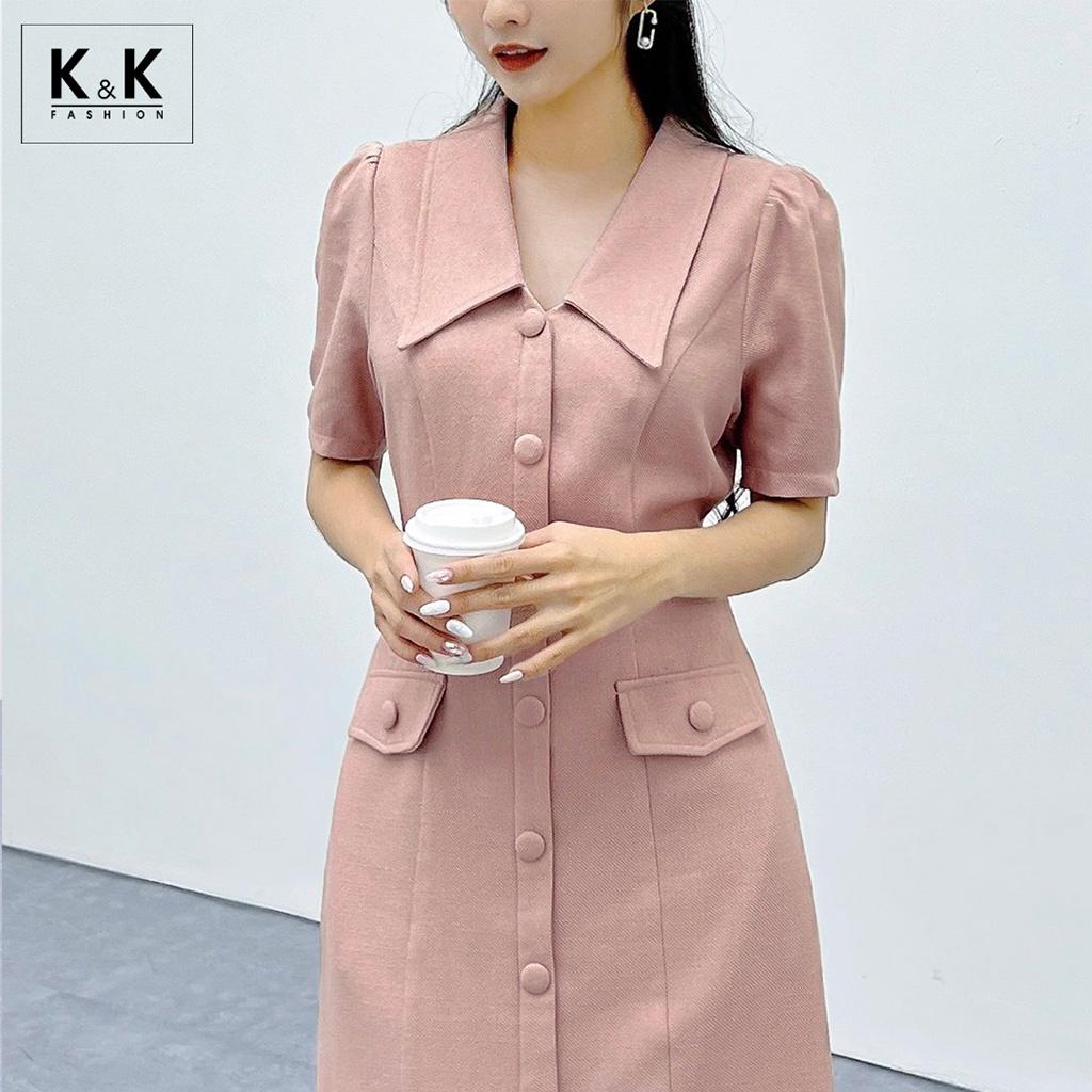 Đầm Sơ Mi Công Sở Phối Túi Giả K&amp;K Fashion KK116-18 Chất Liệu Cotton Chéo