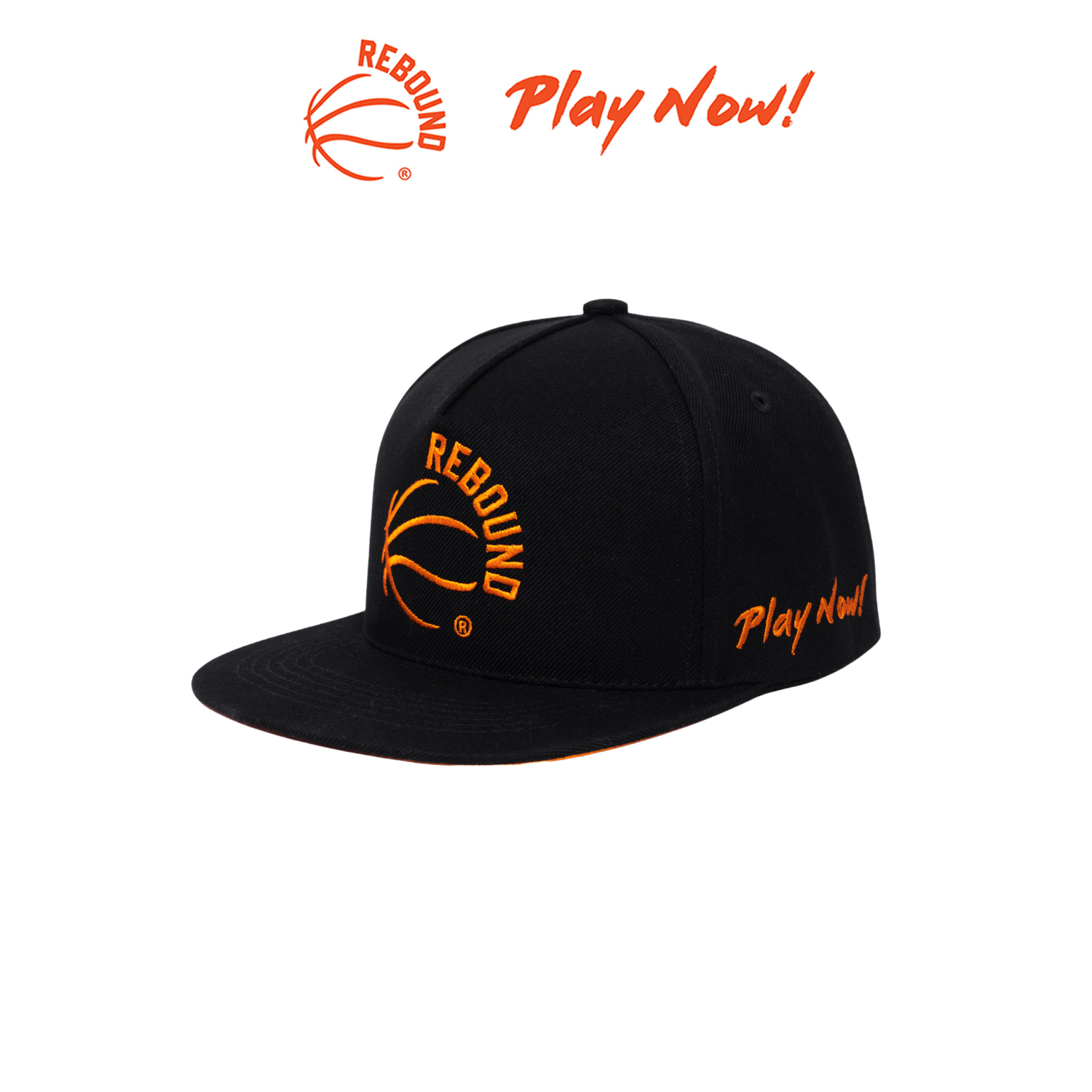 Nón Snapback REBOUND - Play Now! đen Logo cam thêu sắc nét Khóa bấm kim loại chắc chắn Free size