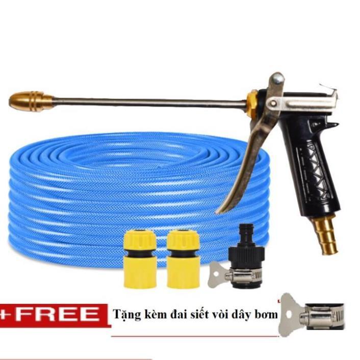 Bộ dây vòi xịt nước rửa xe, tưới cây . tăng áp 3 lần, loại 20m 206318 đầu đồng,cút,nối đen+ tặng đai TL
