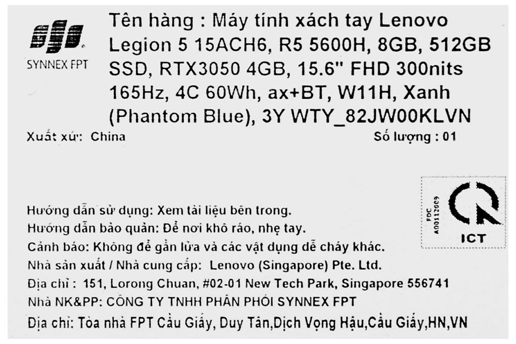 Laptop Lenovo Gaming Legion 5 15ACH6 R5 5600H/8GB/512GB/4GB RTX3050/165Hz/Win11 (82JW00KLVN) - Hàng chính hãng