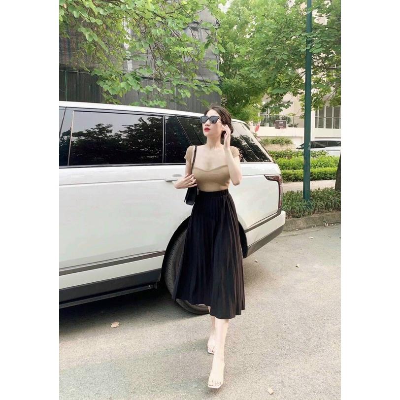 MS495 Chân váy midi dập ly dáng dài cạp chun basic