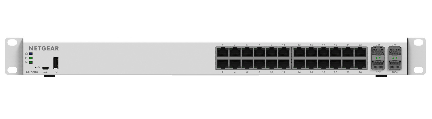 Bộ Chia Mạng Để Bàn/Gắn Rack 24 Cổng 10/100/1000M Với 2 Cổng Quang 1G SFP Và 2 Cổng Quang 10G SFP+ Quản Trị Qua Cloud Insight Managed Gigabit Ethernet Smart Cloud Switch Netgear GC728X- Hàng Chính Hãng