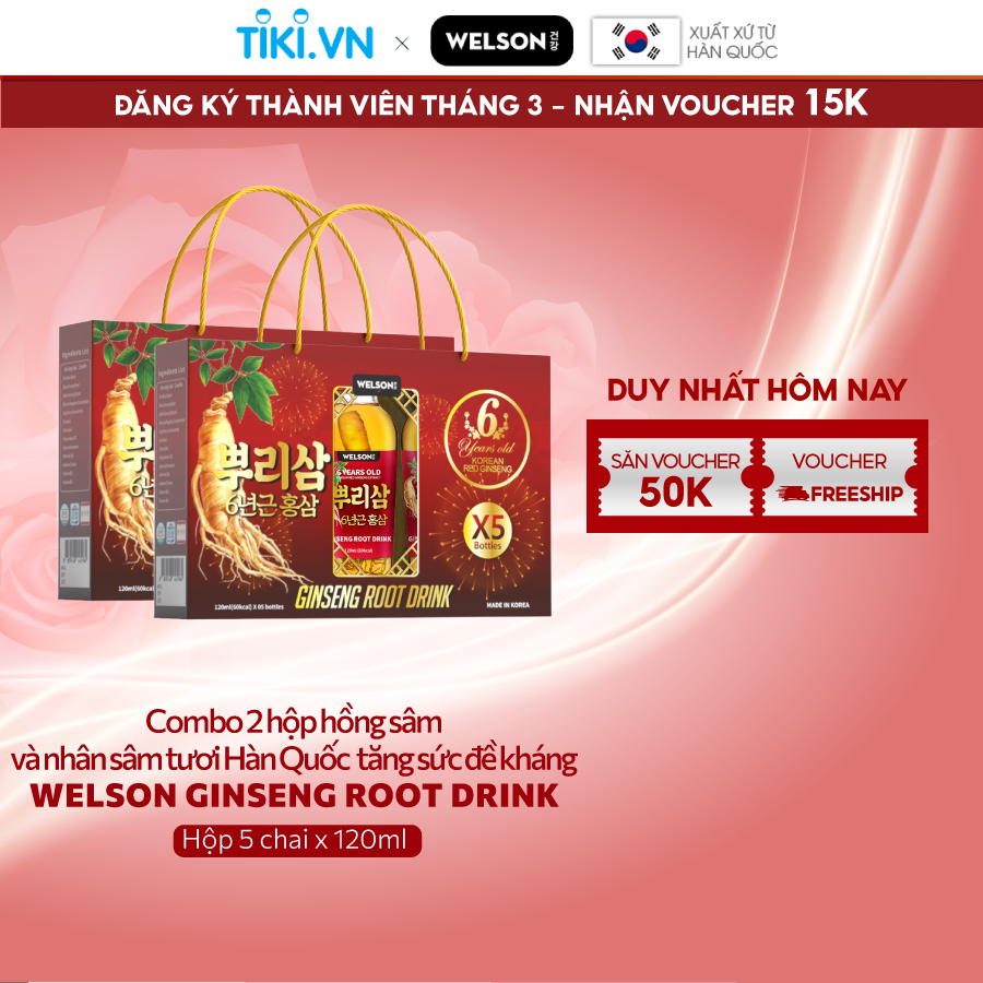 Combo 2 hộp Nước uống Nhân Sâm Nguyên Củ Welson Ginseng Root Drink 2 hộp x 5 chai 120ml