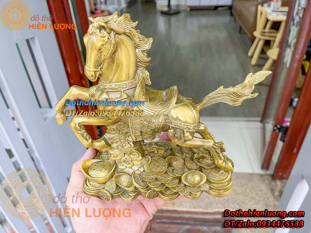 Tượng Ngựa Cưỡi Mây Bệ Tiền Bằng Đồng Nguyên Chất Kích Thước 24x9x20cm, Nặng 1,5kg - Đồ Thờ Hiên Lượng