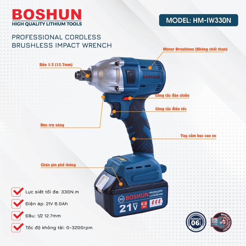 Bộ máy Siết bulong BOSHUN- Đông cơ không chổi than -lực xiết 330N,m - chân pin phổ thông - bảo hành 6 tháng
