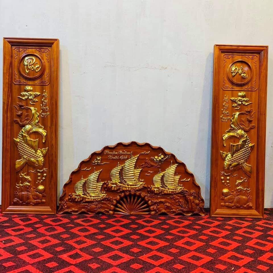 Combo tranh lý ngư vọng nguyệt + tranh cánh quạt thuận buồm xuôi gió bằng gỗ hương đỏ