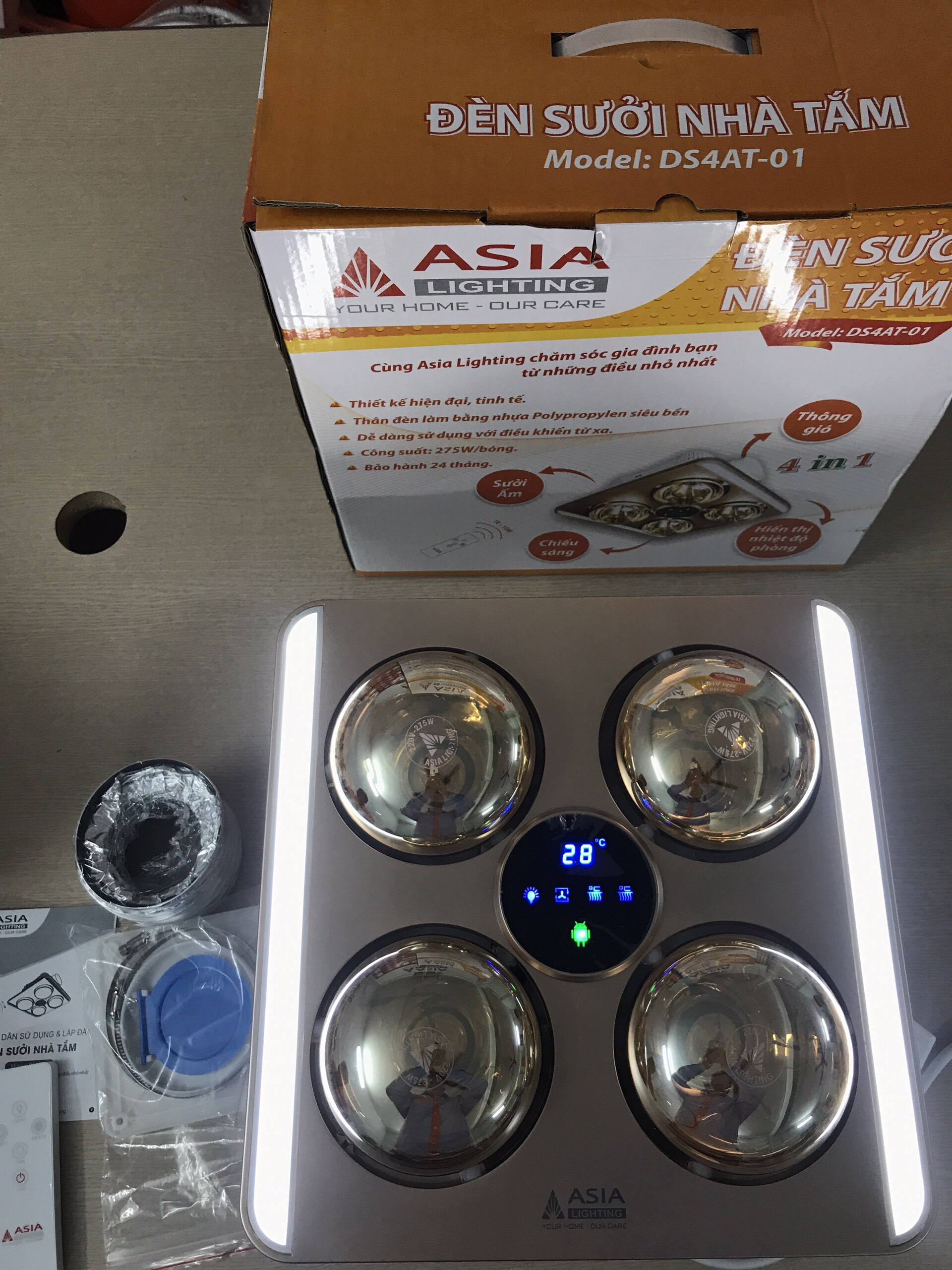 Đèn sưởi nhà tắm âm trần có điều khiển từ xa ASIA - 4 bóng (Model: DS4AT01)