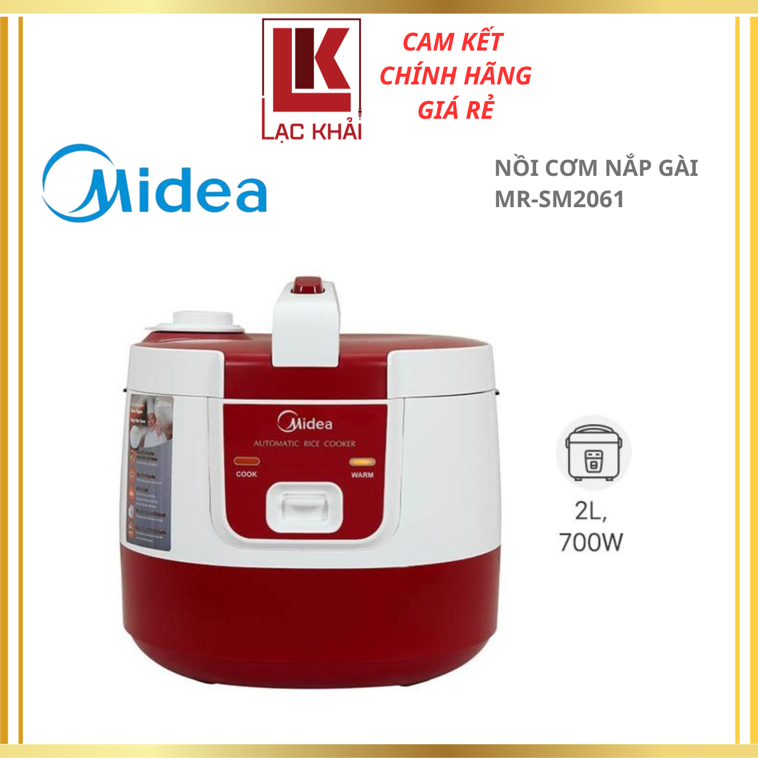 Nồi cơm nắp gài Midea 2 lít MR-SM2061, Chống dính, công suất 700W, Công nghệ nấu 3D - Hàng chính hãng - Bảo hành 12 tháng chính hãng