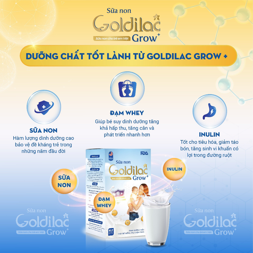 Sữa non Goldilac Grow+ - Sữa dinh dưỡng cho bé từ 0-10 tuổi, hỗ trợ cải thiện còi xương, biếng ăn, tăng cân cho bé giúp bé phát triển toàn diện