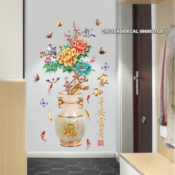Decal trang trí tường - Bình Hoa Mẫu Đơn Khoe Sắc Ngày Tết
