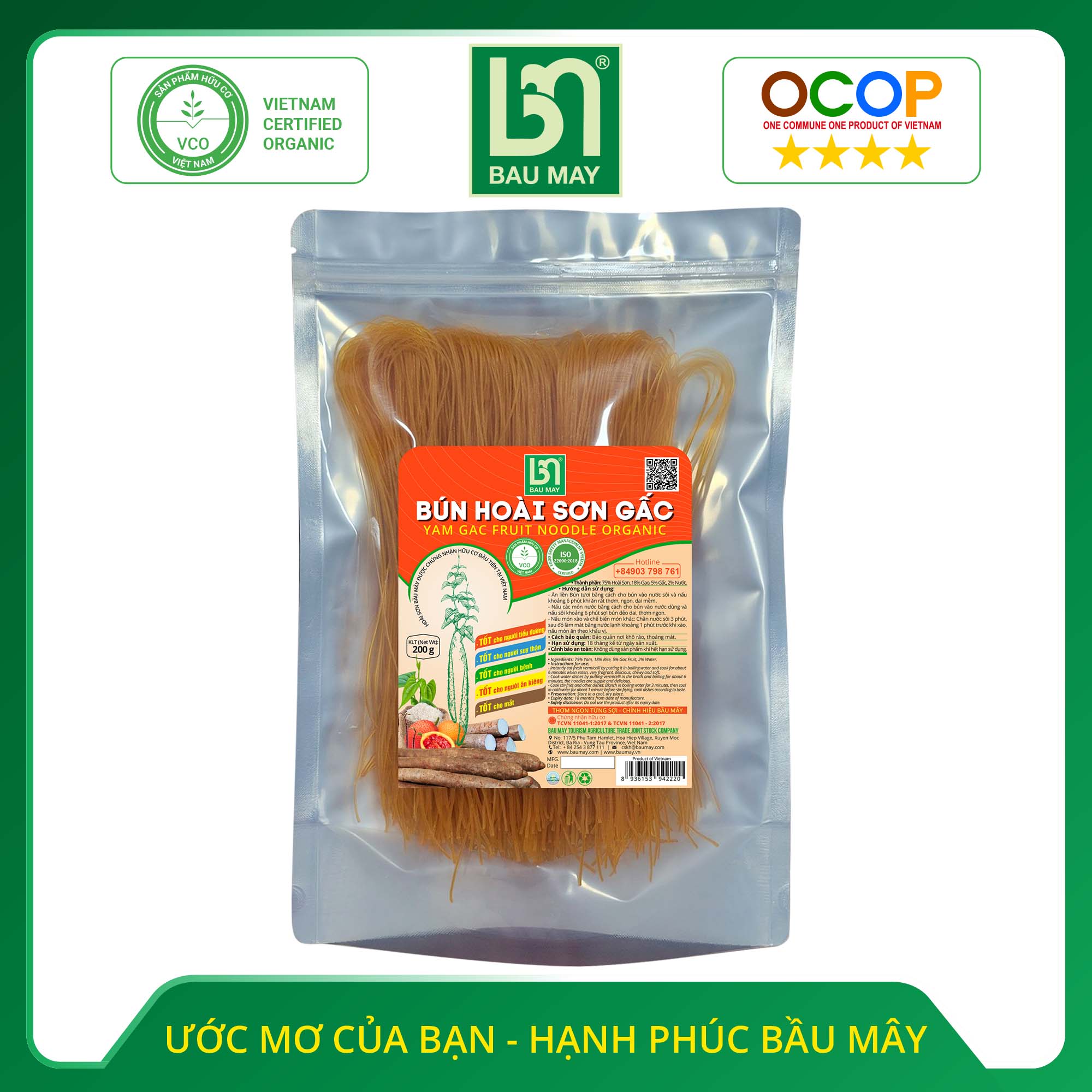 Bún Hoài sơn Hữu cơ Gấc Bầu Mây - Thích hợp với người ăn chay, giảm cân, dưỡng sinh, ăn kiêng, Giàu dinh dưỡng hơn nhiều so với bún thường, Bổ sung vi chất và vitamin B cho cơ thể