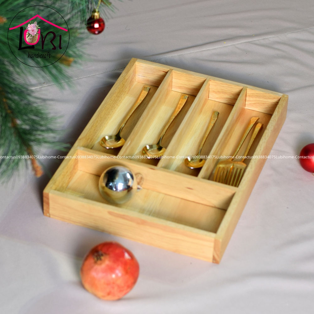 Lubihandicraft - Khay gỗ thông đựng muỗng nĩa 5 ngăn - cao cấp