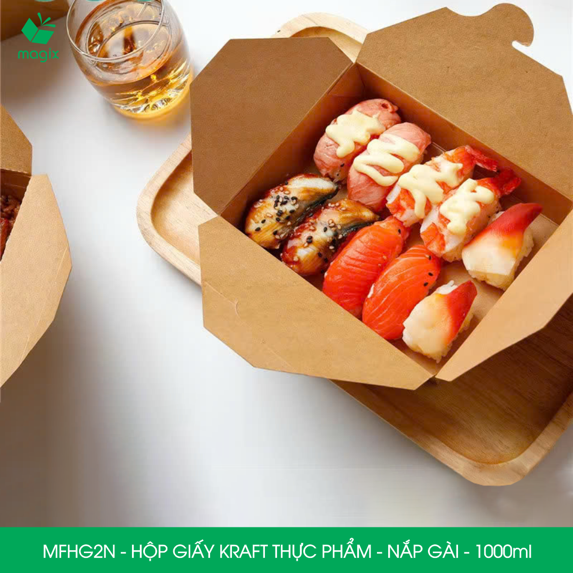 MFHG2N - 25 hộp giấy kraft thực phẩm 1000ml, hộp giấy nắp gập màu nâu đựng thức ăn, hộp giấy nắp gài gói đồ ăn mang đi