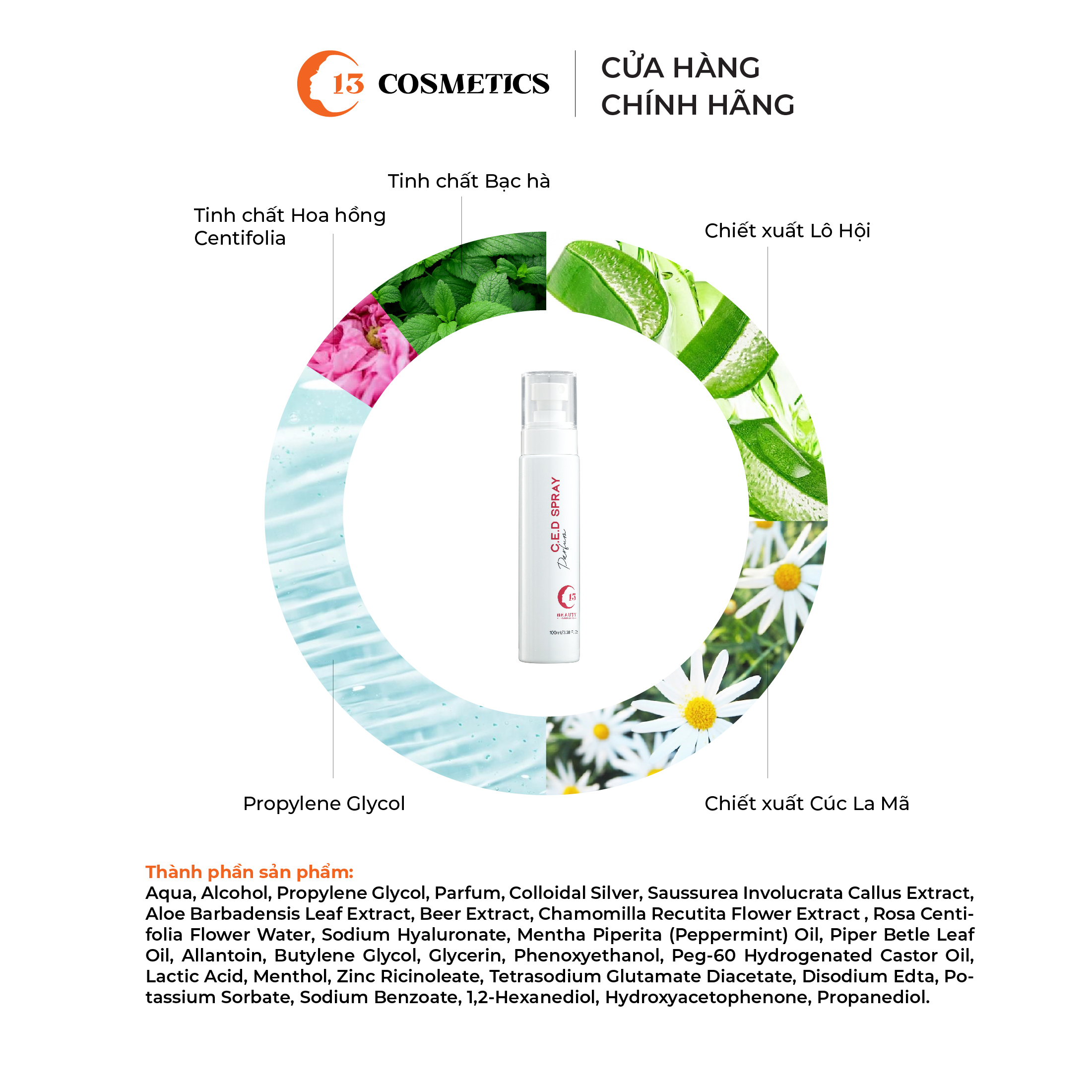 Xịt Khử Mùi Hương Bạc Hà Dịu Nhẹ Thơm Mát, Chiết xuất Hoa Cúc La Mã C.E.D Spray 100ml C13 Cosmetics Thu Trang