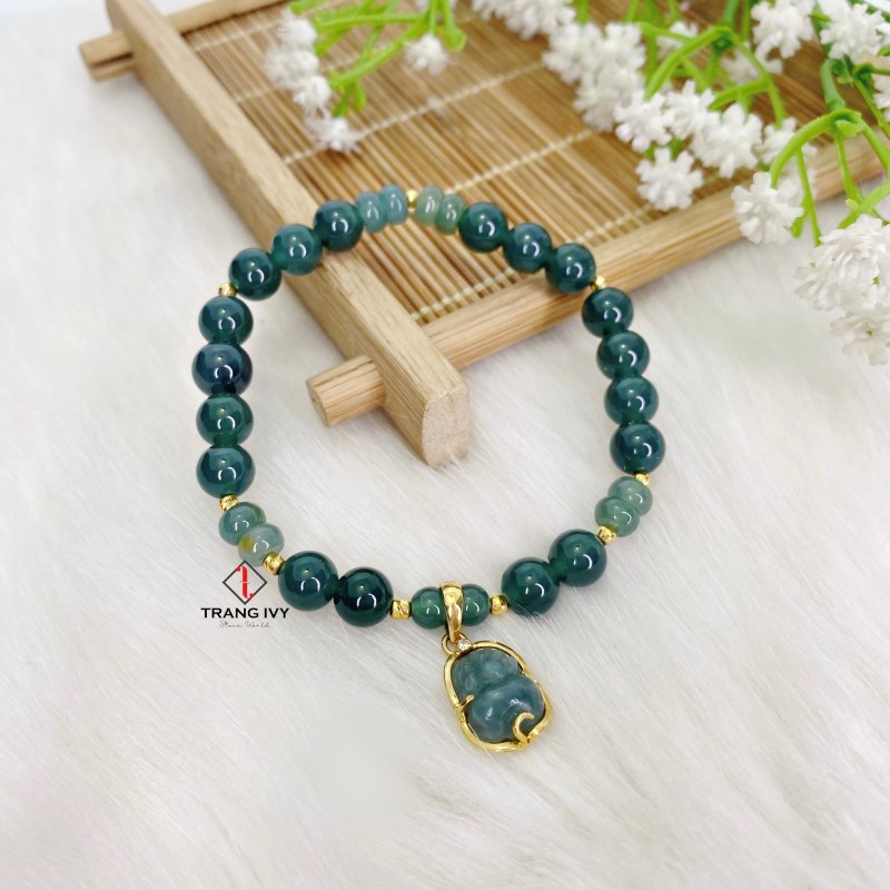 Vòng Tay Lam Ngọc Mix Tỳ Hưu Bọc Vàng 10K