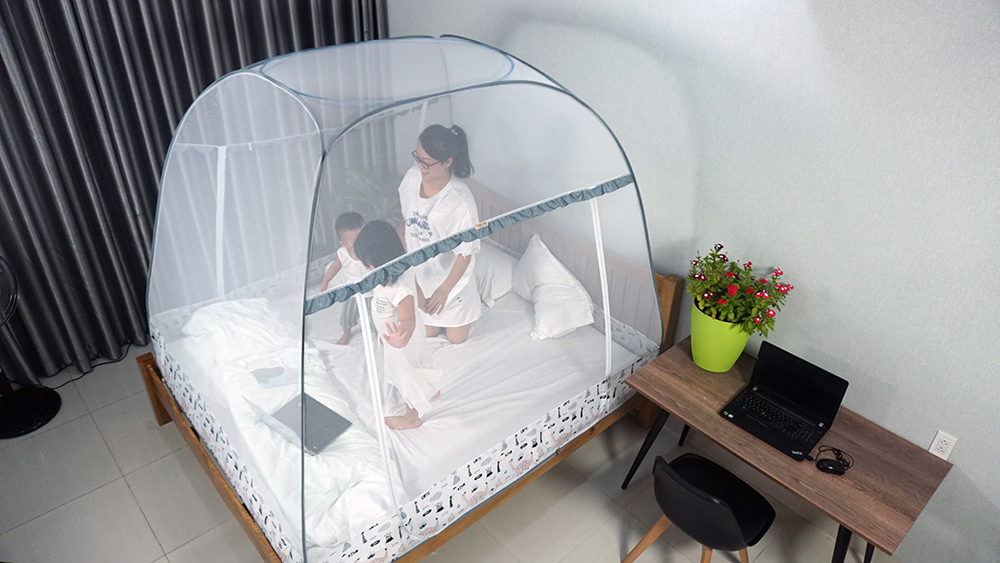 Màn chụp cao cấp Mộc Miên đỉnh rộng Mẫu Xám Khủng Long - Kích thước 1,6mx2m - 2 cửa