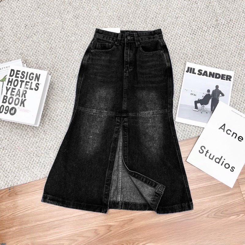 Chân Váy Jeans Nữ Đuôi Cá Xẻ Vạt Cạp Cao Dáng Ôm