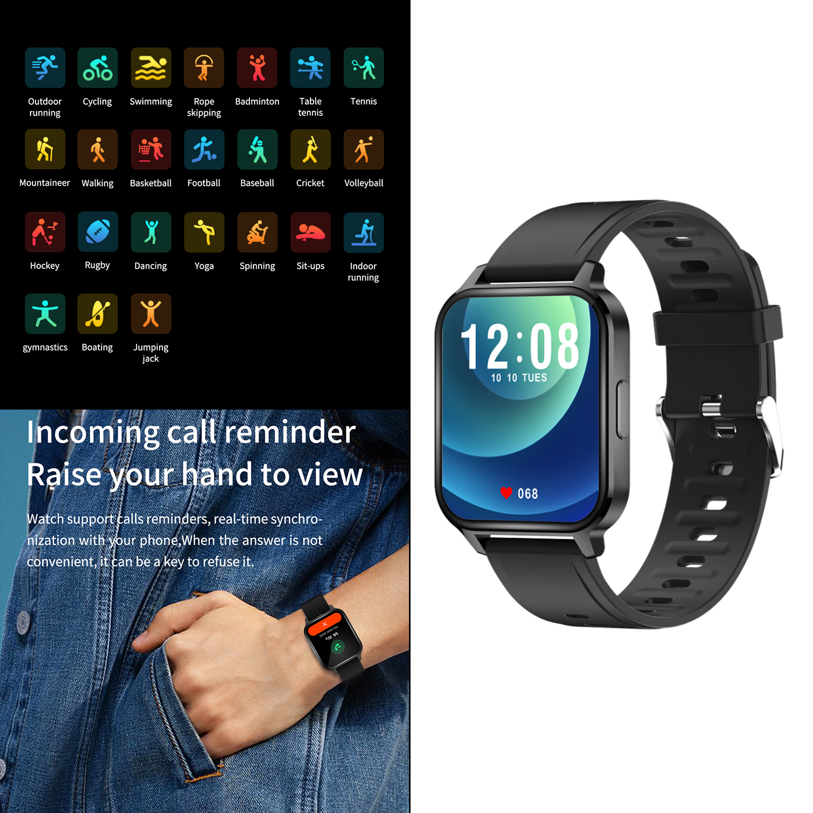 Smart Digital Smartwatch  Monitor IP68 Waterproof Fitness Black