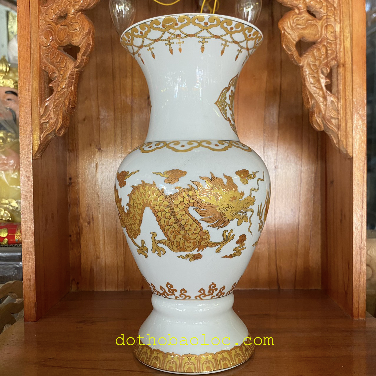 Bình bông sứ trắng hình rồng vàng 3D cao cấp 3 cỡ: 20cm, 22.5cm, 24.5cm – M2