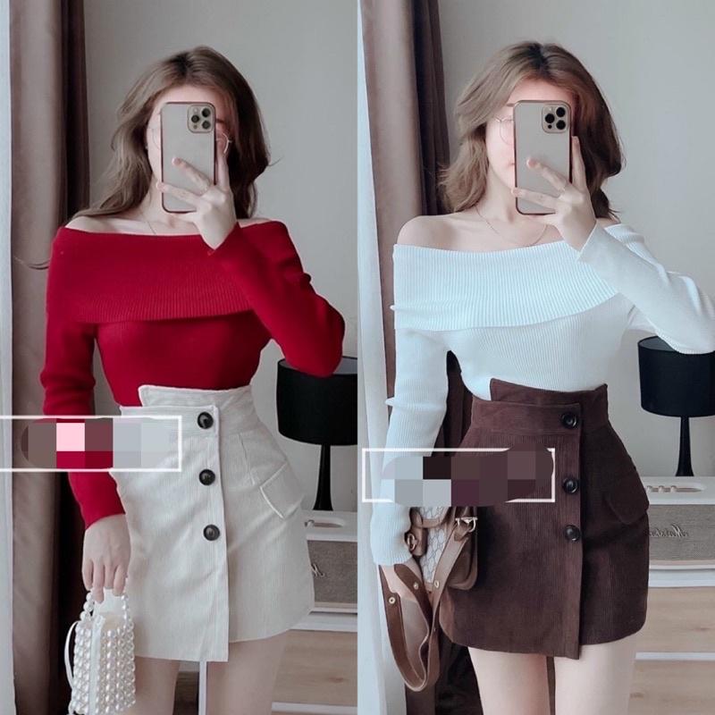 Ảnh Thật Kèm Video - Áo Len Tăm Cổ Bẻ Trễ Vai Nữ Siêu Xinh Loại Đẹp