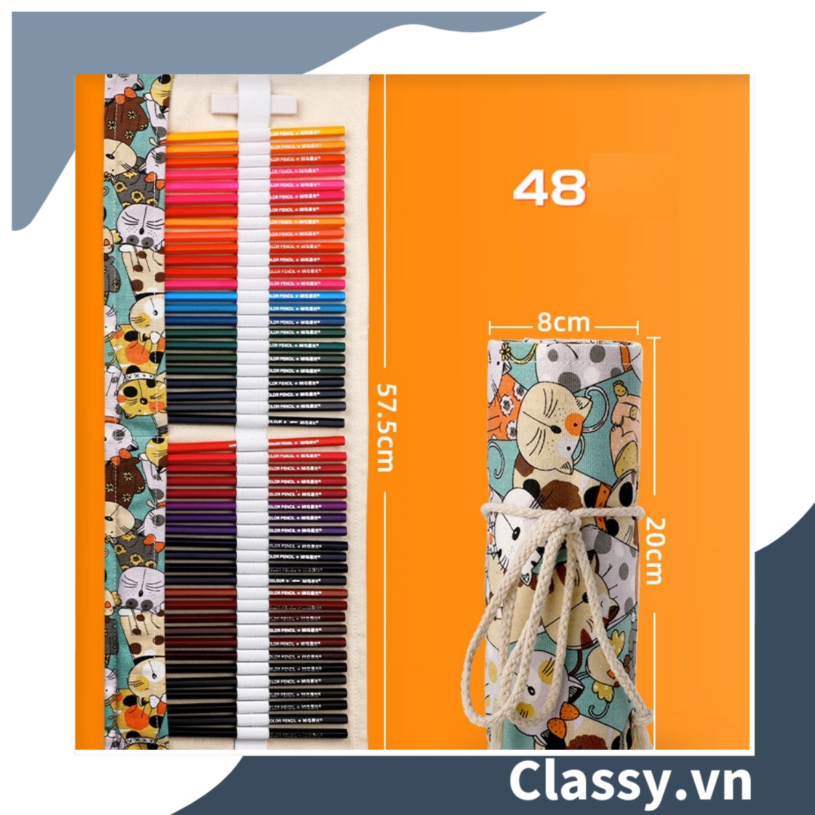 Túi đựng bút dạng cuộn vải cotton, phong cách vintage hình mèo PK617
