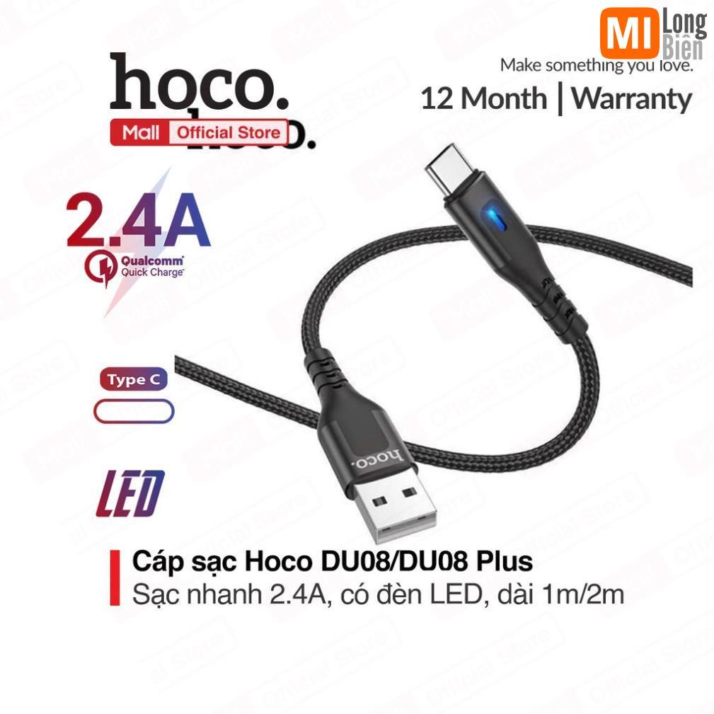 Cáp sạc Hoco DU08/DU08 Plus Type-C USB, hỗ trợ sạc nhanh 2.4A, dây bọc dù chống đứt, gập, có đèn LED báo sạc dài 1m/2m