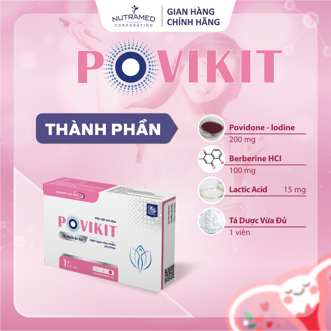 Viên đặt Povikit hỗ trợ giảm viêm cô bé do nhiễm vi khuẩn, nấm ngứa, mùi hôi - Nutramed (10 viên)