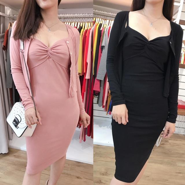 F497 ĐẦM ÔM BODY 2 DÂY XOẮN NGỰC KÈM ÁO KHOÁT
