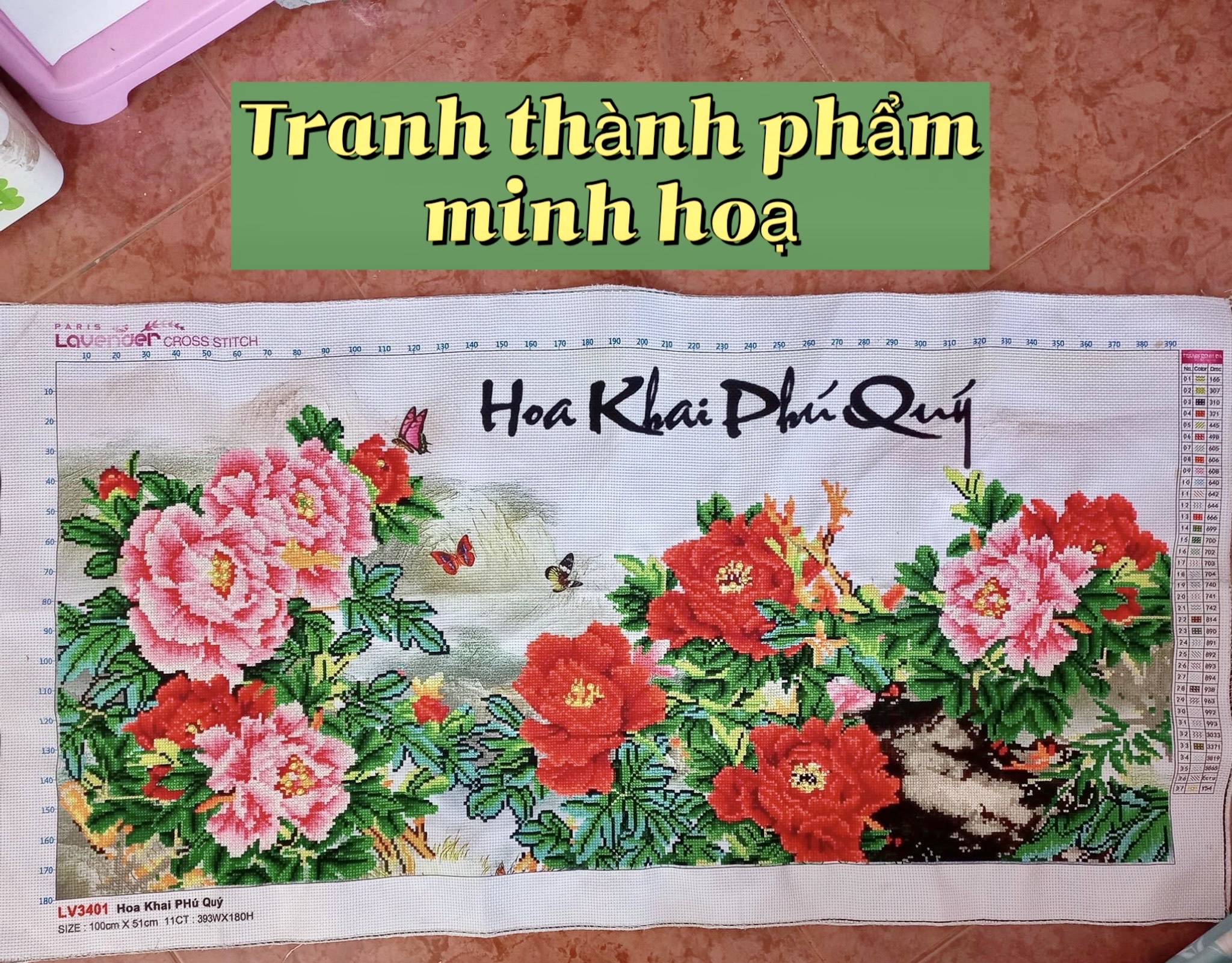 Tranh thêu chữ thập Hoa khai phú quý LV3401