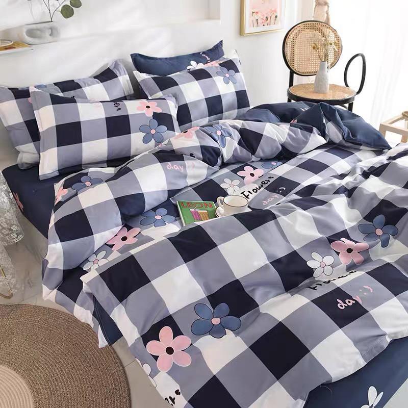 Bộ Chăn Ga Gối Cotton Poly Nhập Khẩu caro hoa Đủ size Miễn Phí Bo Chun