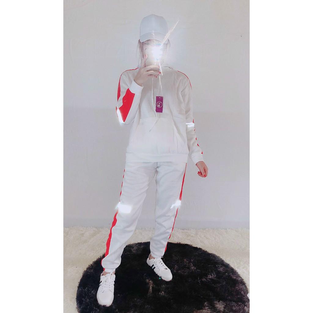 Bộ dài phản quang unisex màu trắng sọc đỏ chất dù có dây kéo reesize