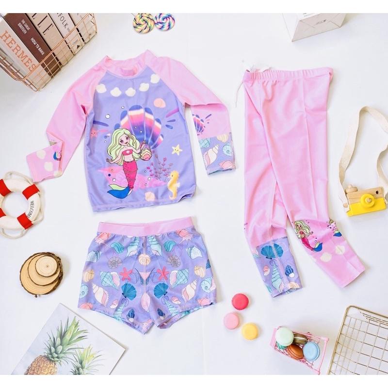 Set đồ bơi bé gái 3 chi tiết áo dài tay quần dài quần đùi mẫu mới siêu đẹp