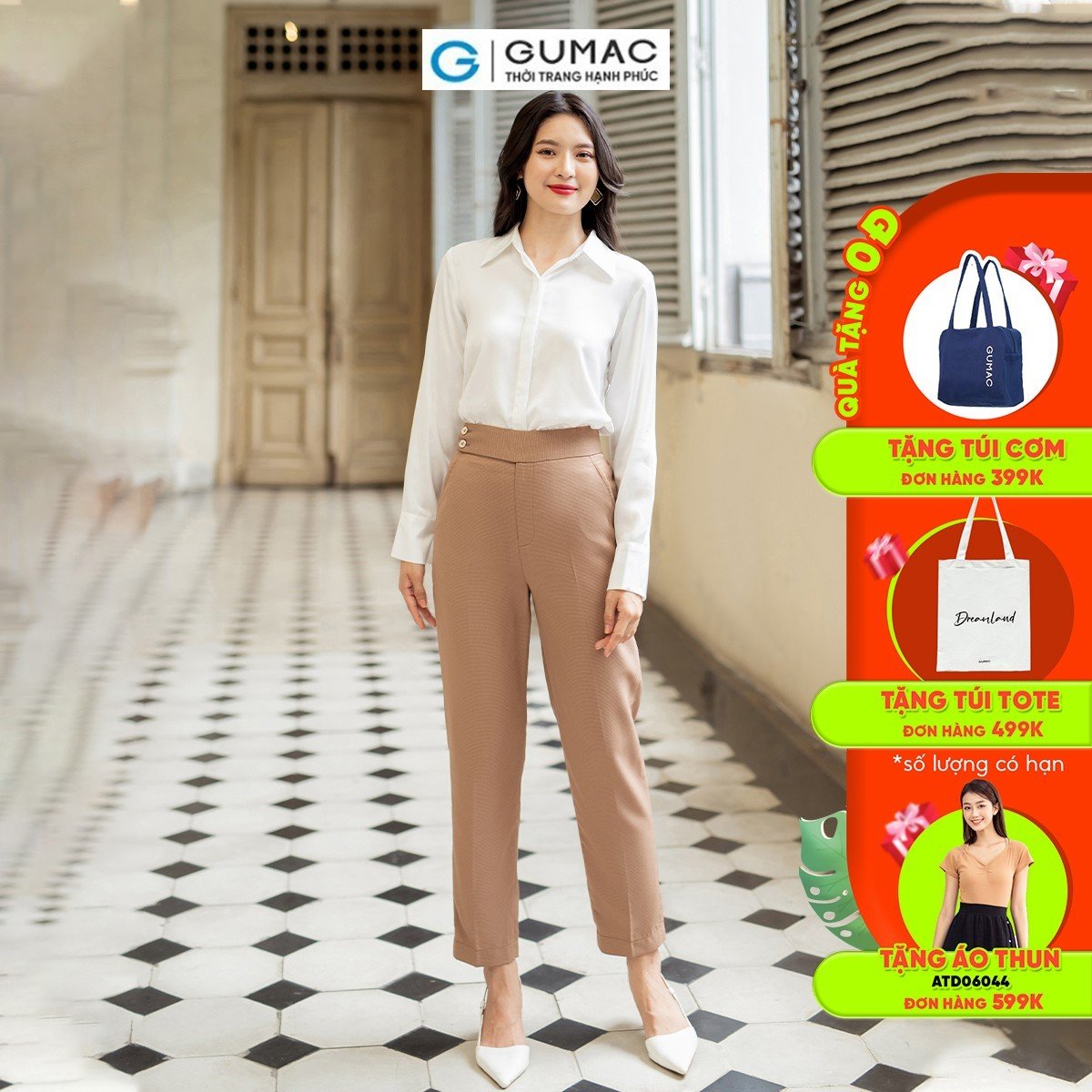 Quần tây nữ ống đứng phối 2 nút công sở tôn dáng thanh lịch thời trang GUMAC QD07051