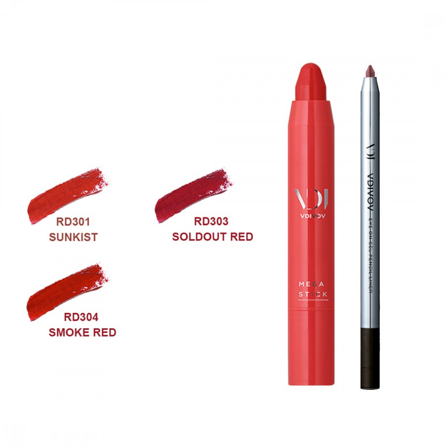 Bộ trang điểm VDIVOV son môi bút chì Mega Stick [Red] SUNKIST 2.5g và chì kẻ mắt dạng gel Eye On Gel Pencil Liner PK101 (Pearl) 0.5g