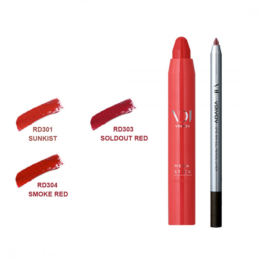 Bộ trang điểm VDIVOV son môi bút chì Mega Stick [Red] SMOKE RED 2.5g và chì kẻ mắt dạng gel Eye On Gel Pencil Liner PK101 (Pearl) 0.5g