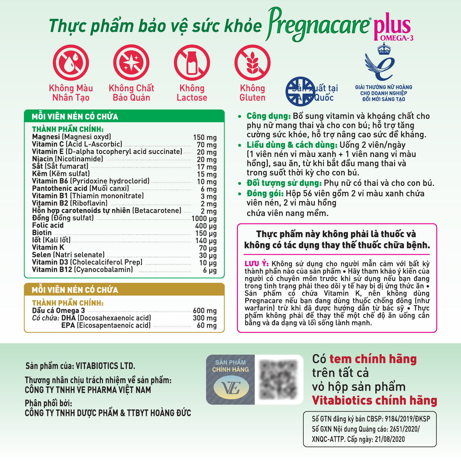 Combo 2 Hộp Viên Uống Cho Mẹ Bầu Vitabiotics PREGNACARE PLUS OMEGA-3 Tăng Cường Sức Khỏe Nâng Cao Đề Kháng Hộp 56 Viên