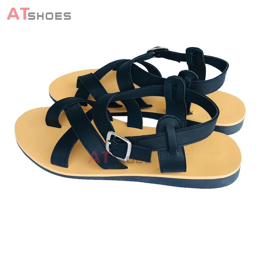 Dép Sandal Unisex cc Da Bò - Sandal xỏ ngón nam nữ kiểu HQ Trẻ Trung Atshoes AT40 (Đen Đế vàng)