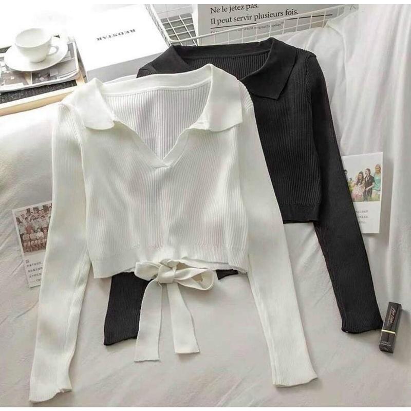 Áo croptop tay dài hở lưng buộc nơ trắng đen