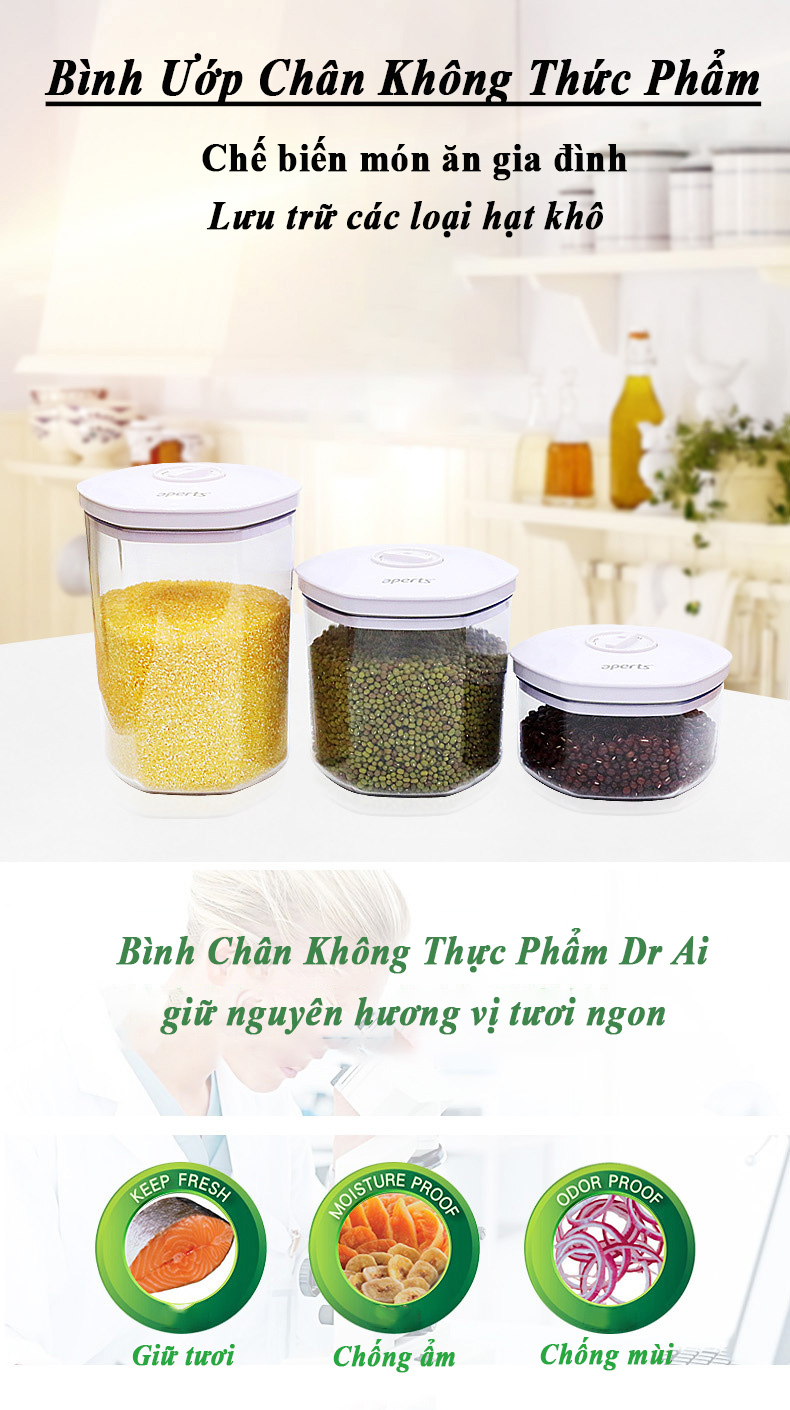 Bộ 3 bình chân không bảo quản thực phẩm, vật dụng, trang sức sử dụng với máy hút chân không