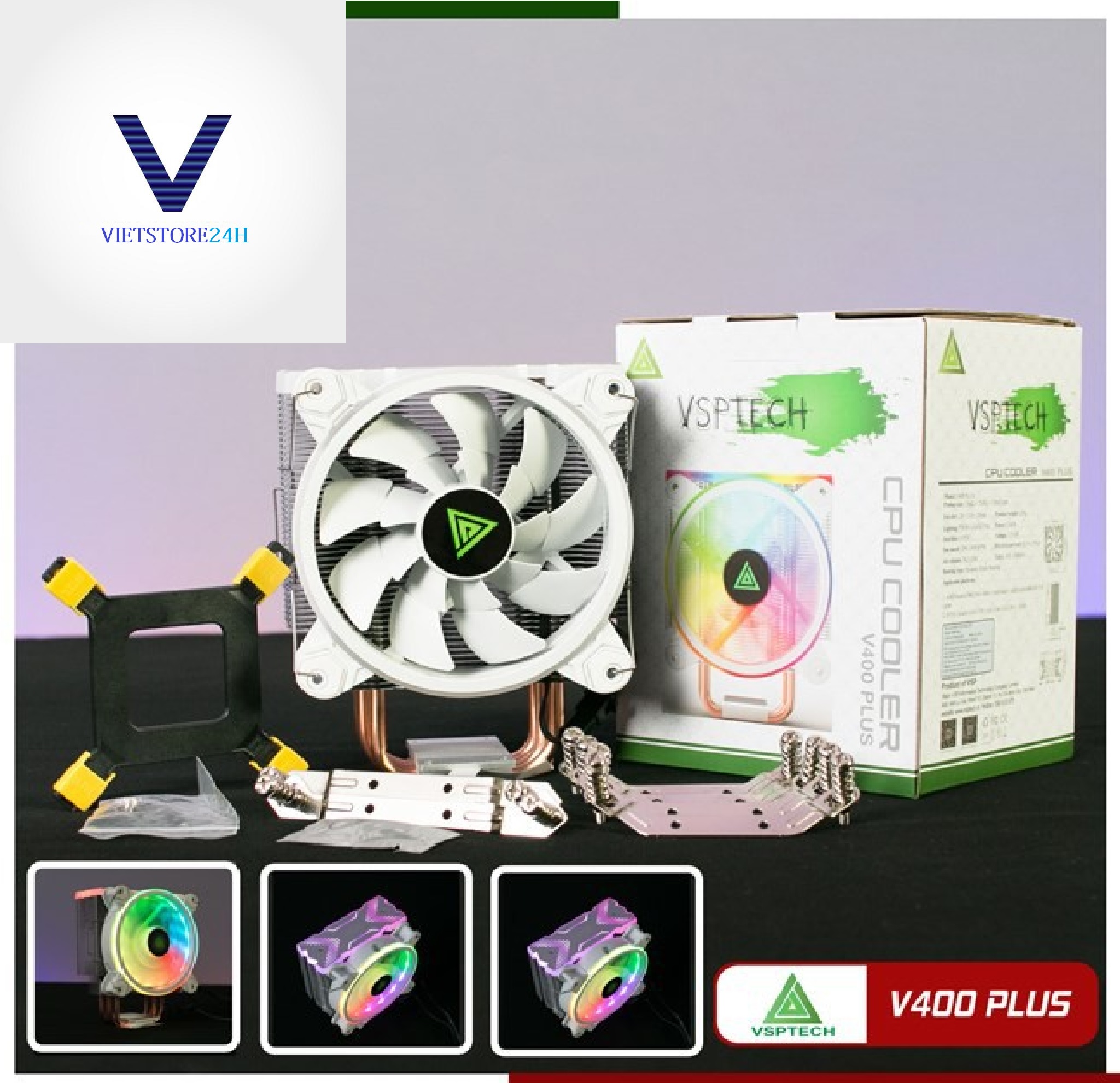 Quạt tản nhiệt VSP Fan LED ARGB V400 Plus (Tản 4U, kích thước 12cm, màu Trắng) - Hàng chính hãng