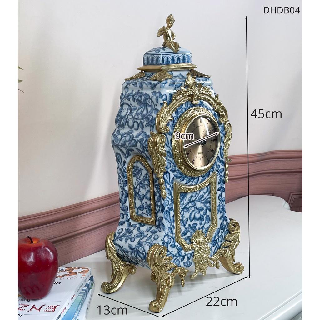 Đồng hồ sứ họa tiết trắng xanh mạ vàng phong cách Tân Cổ Điển - DHDB04
