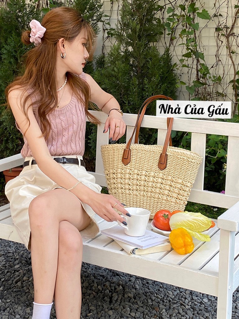 Túi cói đeo vai dây da dày dặn cao cấp