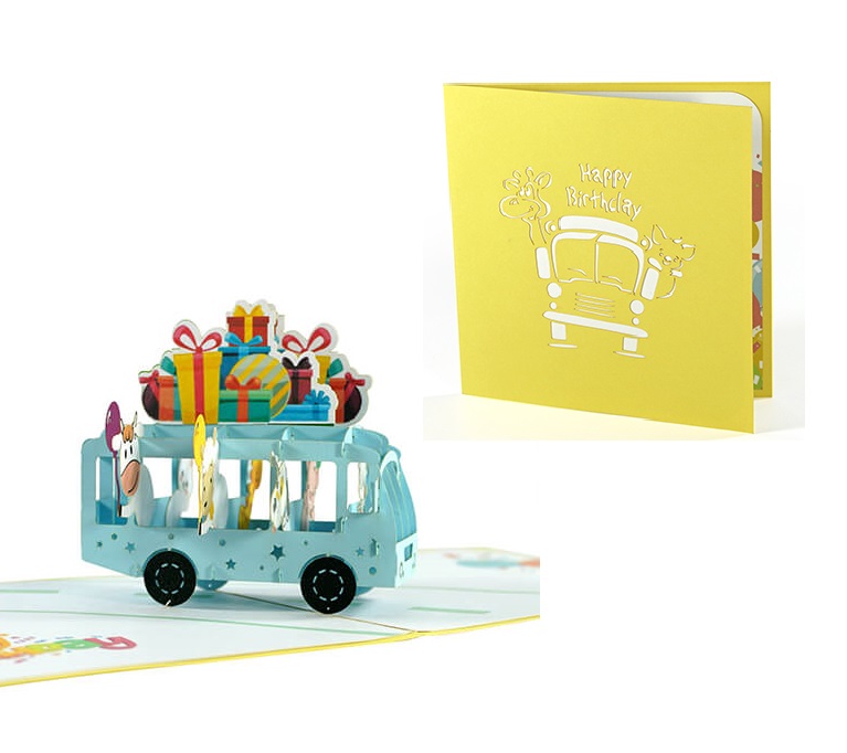 Thiệp 3D Pop Up Xe Buýt Chở Quà Sinh Nhật – Thiệp Chúc Mừng Sinh Nhật Ngộ Nghĩnh, Dễ Thương, B20