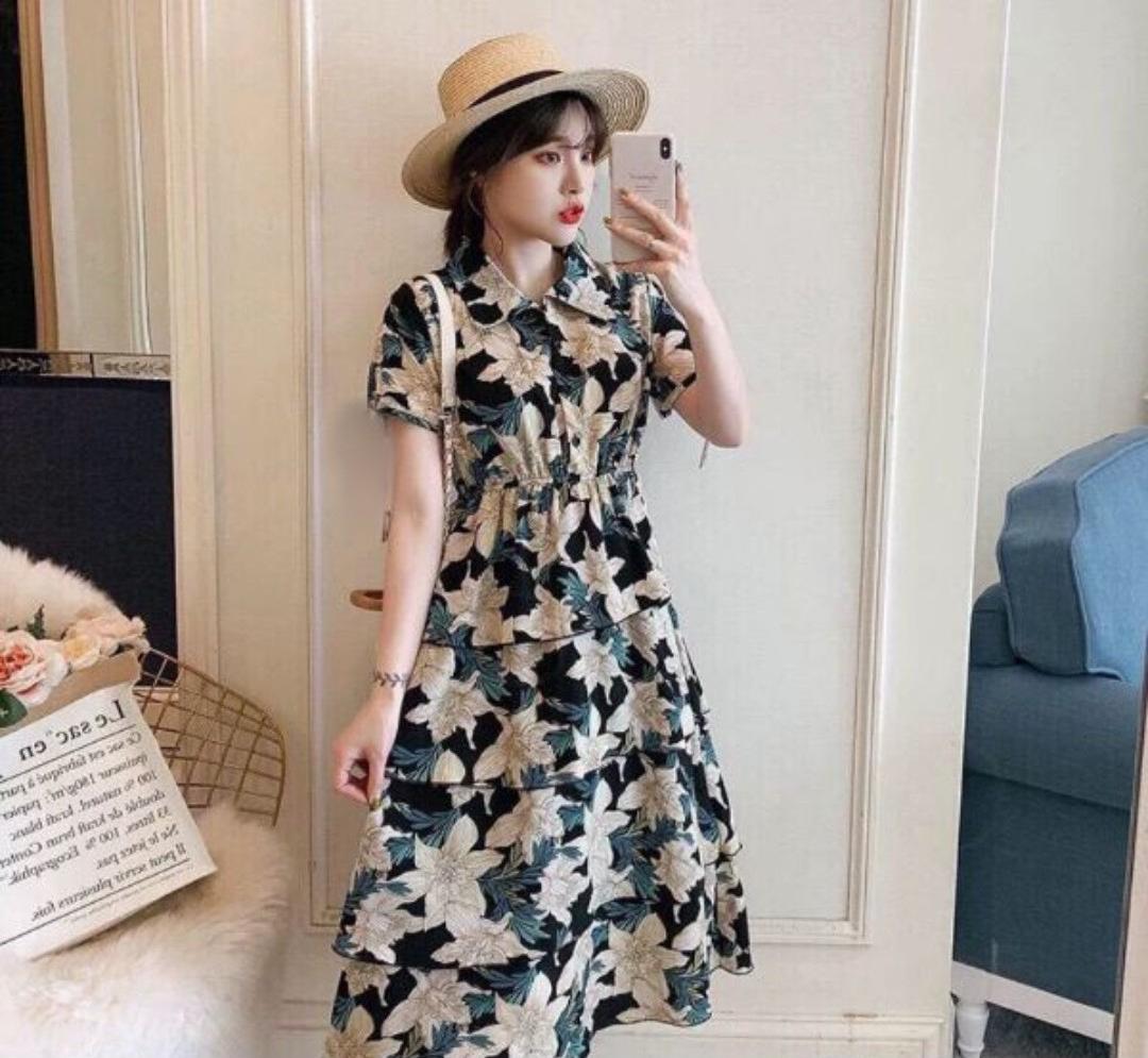 Đầm xòe lụa hoa cổ sơ mi xinh xắn