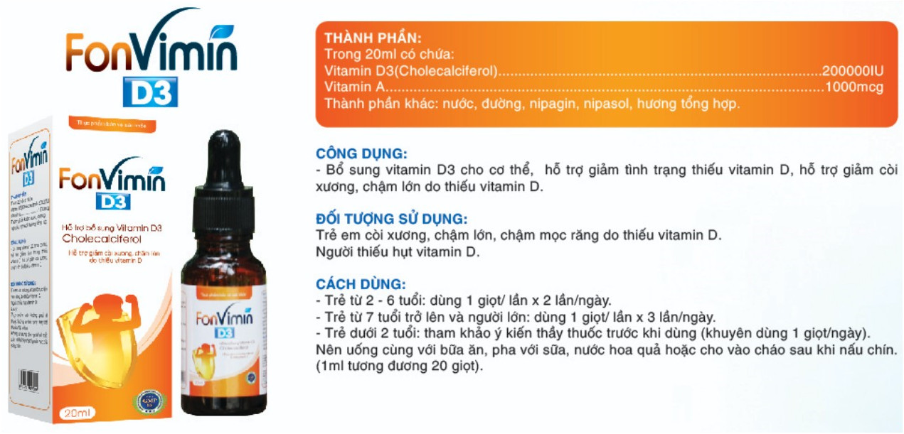 FONVIMIN D3 - Bổ sung vitamin D3 cho cơ thể hỗ trợ giảm tình trạng thiếu vitamin D Hỗ trợ giảm còi xương, chậm lớn do thiếu vitamin D.