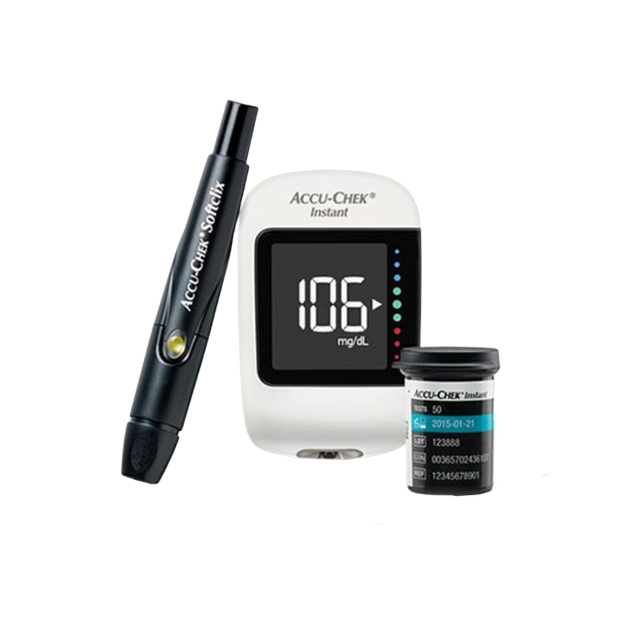 Hệ thống máy đo đường huyết Accu-Chek Instant mmol/L. Kèm Dụng cụ lấy máu Softclix, 10 kim, hộp 25 que